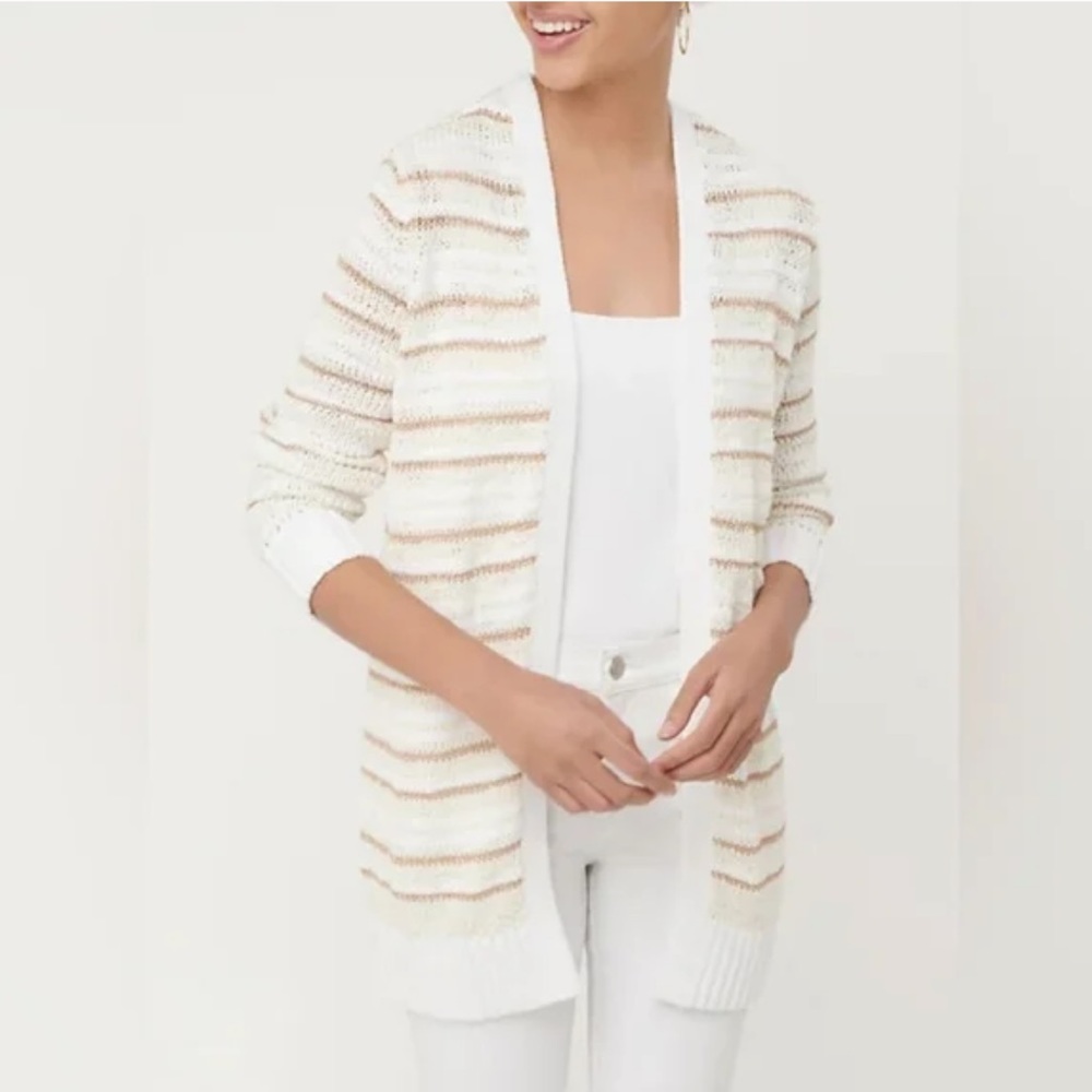 Ann Taylor Loft Metallic Shimmer Stripe Cotton Blend Open Front Cardigan